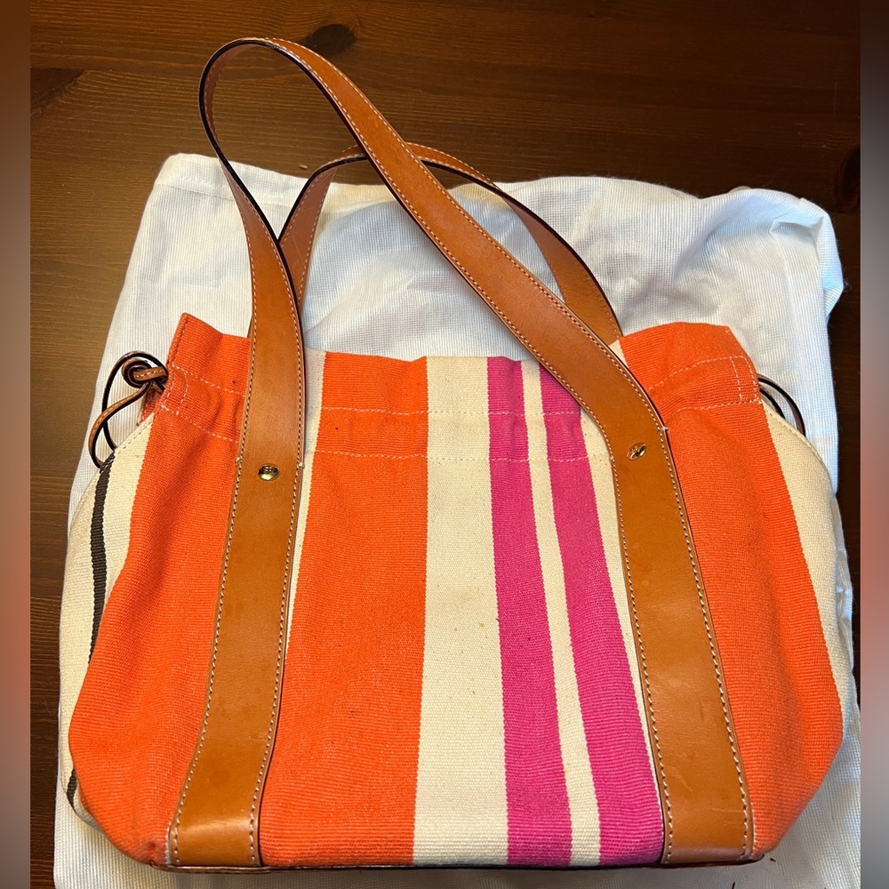 Kate Spade Pink and Orange Stripe Canvas Handbag with Polka Dot Lining